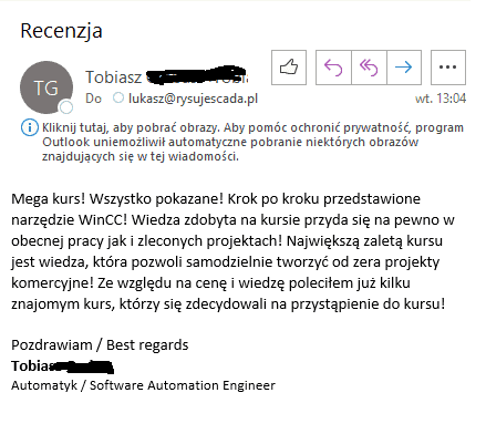Screen opinii Tobiasza G. o szkoleniu WinCC Rysuje SCADA