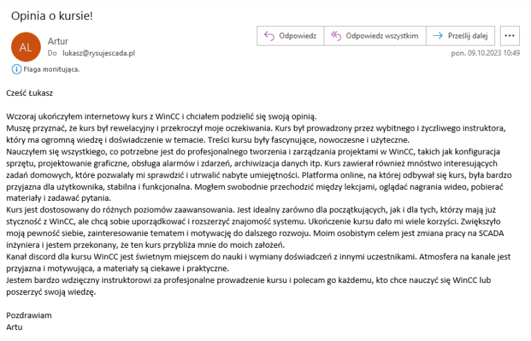 Screen opinii Artura o szkoleniu WinCC Rysuje SCADA