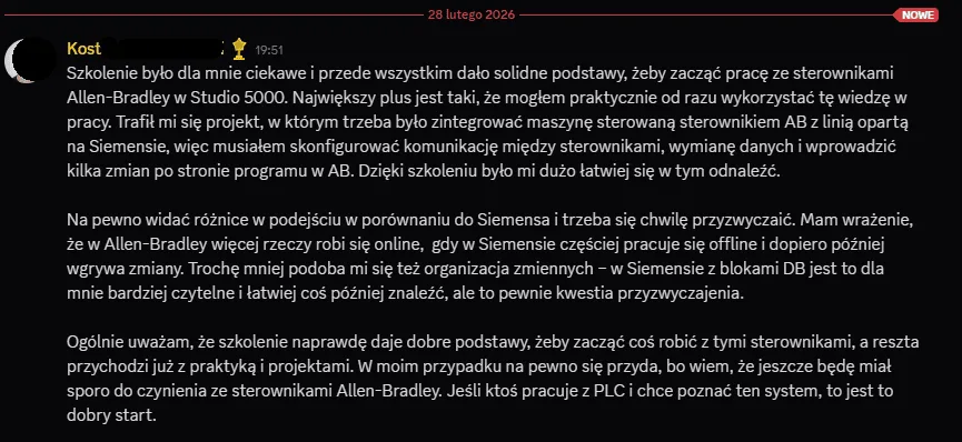Opinia Kostka: kurs Studio 5000 pomaga wejść w sterowniki Allen-Bradley i projekt z integracją z linią na Siemensie