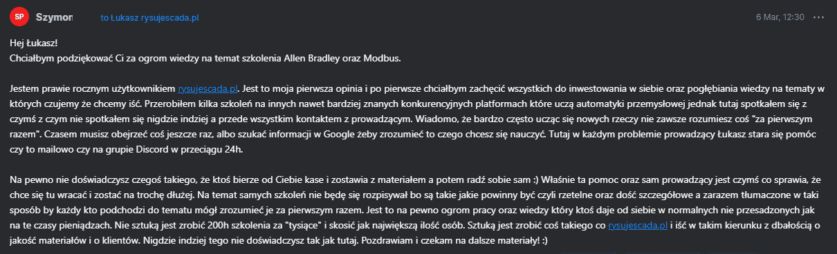 Opinia Szymon - kurs MODBUS Rysuje SCADA