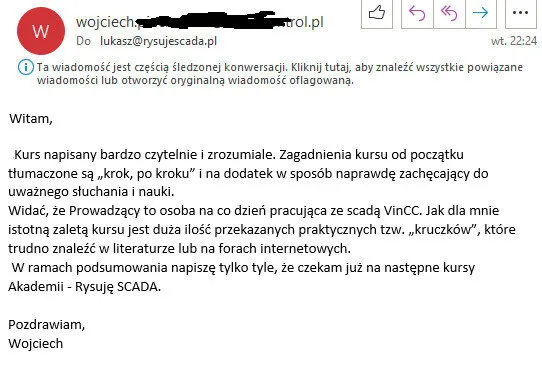 Screen opinii Wojciecha o szkoleniu WinCC Rysuje SCADA