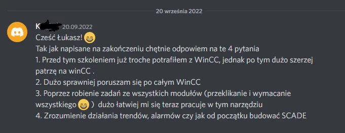 Screen opinii Kristofa o szkoleniu WinCC Rysuje SCADA
