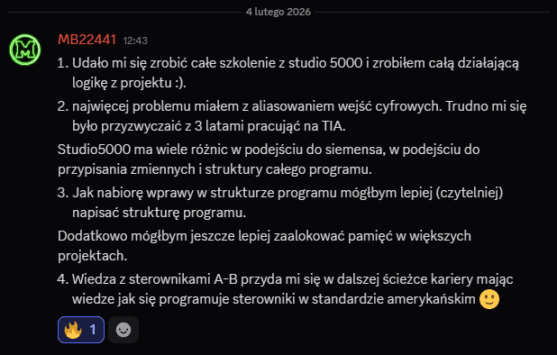 Opinia Marcina: po szkoleniu udało się zrobić działającą logikę z projektu Studio 5000