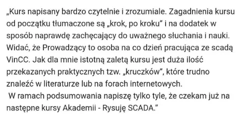 Screen opinii kursanta Rysuje SCADA o szkoleniu WinCC Rysuje SCADA