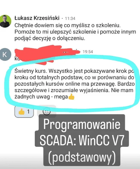 Screen opinii kursanta Rysuje SCADA o szkoleniu WinCC Rysuje SCADA