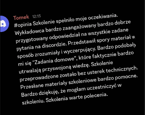 Screen opinii Tomka o szkoleniu WinCC Rysuje SCADA